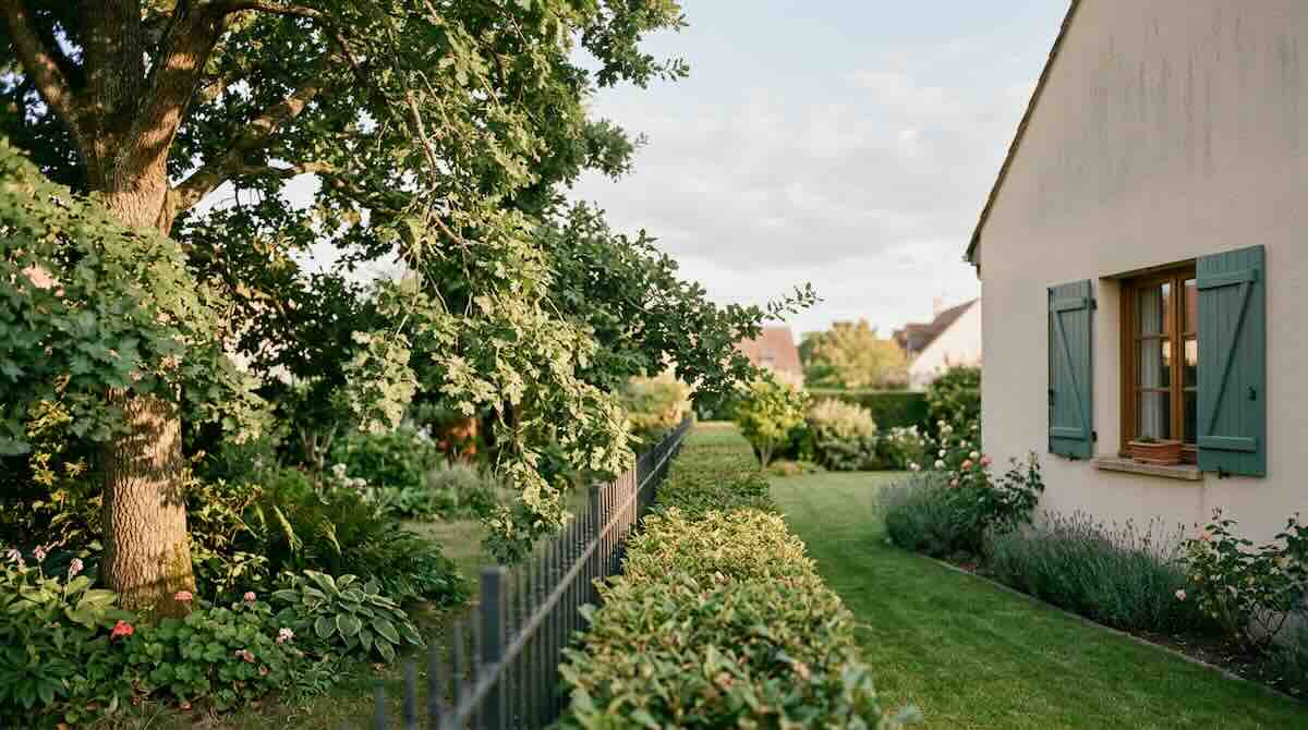 Confine tra due giardini con siepe e recinzione, tema delle liti tra vicini